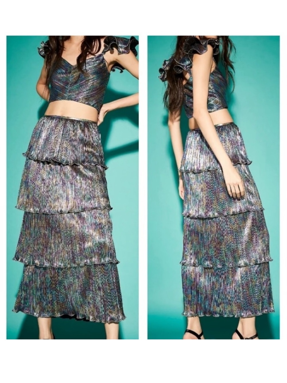Saylor x Free People Gianna Iridescent Crop Top & Tiered Skirt Two Piece Set S